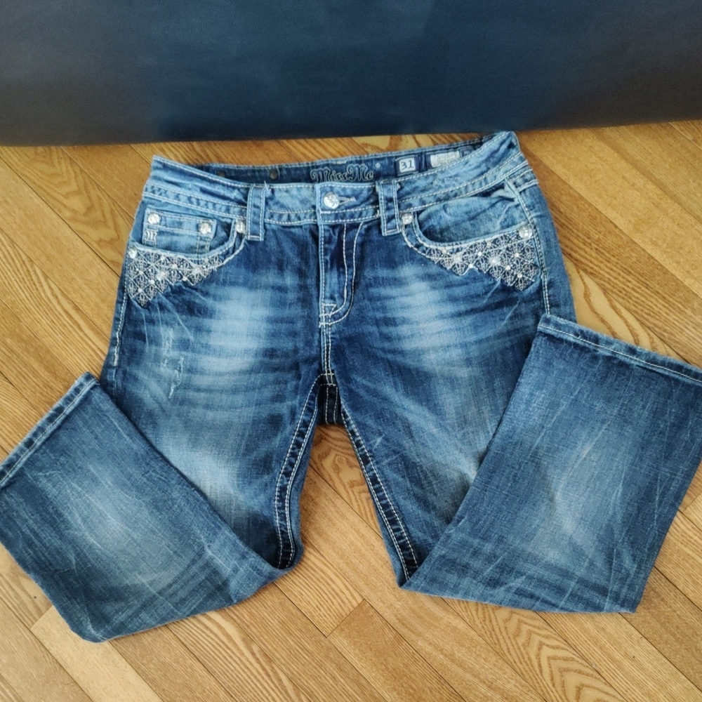 Miss Me Distressed Blue Denim Jeans with Rhinestone Pocket Detail